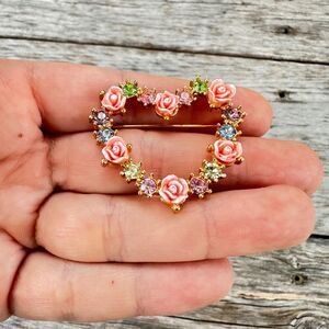 Vintage Avon Rose Heart Brooch Flower Heart Pin